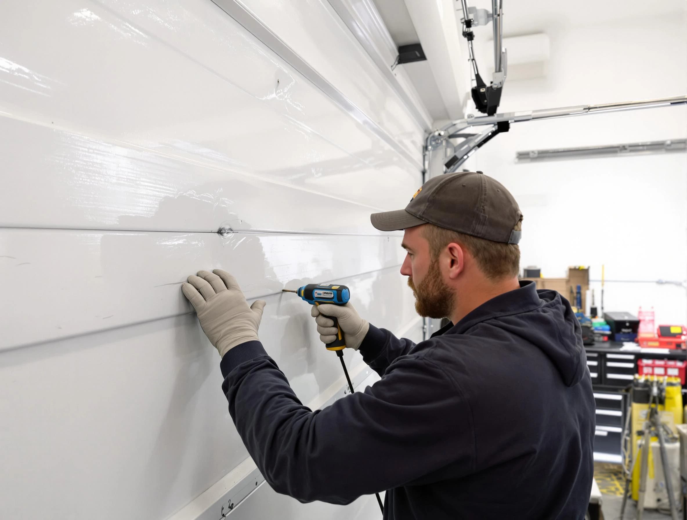 Placitas Garage Door Repair technician demonstrating precision dent removal techniques on a Placitas garage door
